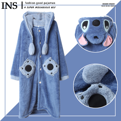 冬天史迪仔情侣睡衣秋冬珊瑚绒睡袍女中长款加厚男士可外穿家居服