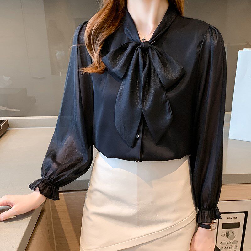 加小码XXXS女装小矮个子娇小显高秋装蝴蝶结雪纺长袖衬衫飘带衬衣
