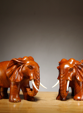 花梨木雕刻大象摆件一对实木家居吉祥木质象办公室摆设装饰工艺品