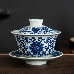 仿古青花瓷三才盖碗单个陶瓷家用缠枝莲大号复古功夫茶具泡茶碗