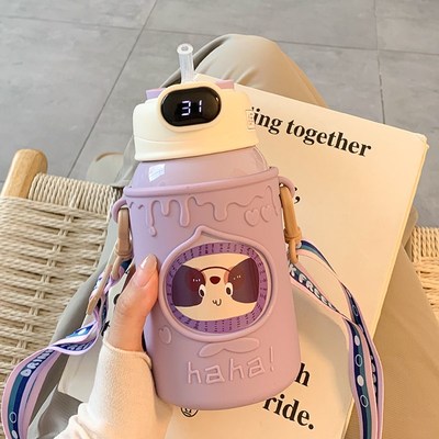 智能显温儿童保温杯带吸管可爱男女孩上学专用水杯316食品级杯子