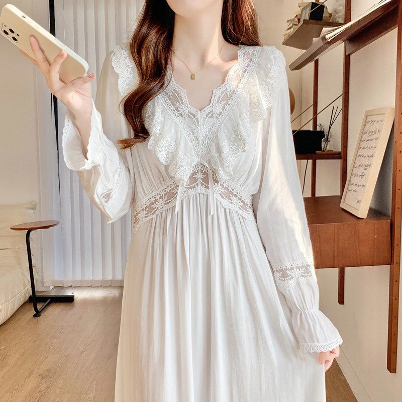 纯棉睡裙女春夏季薄v领全棉白色甜美睡衣宫廷风公主风蕾丝家居服