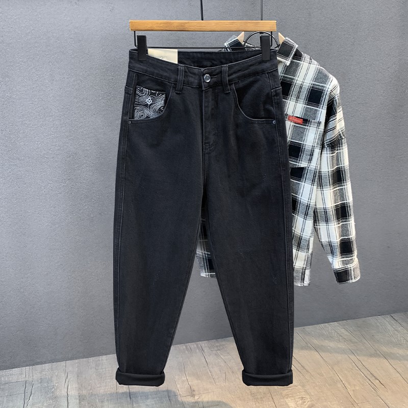 高端复古酵洗弹力黑色牛仔裤男士秋季宽松锥形小直筒休闲长裤子男