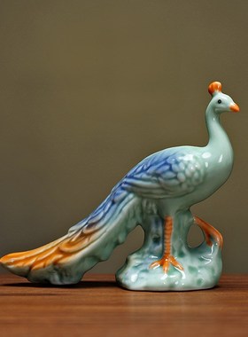陶瓷小动物摆件孔雀鹿仙鹤茶桌玄关摆件水族陶瓷小工艺品