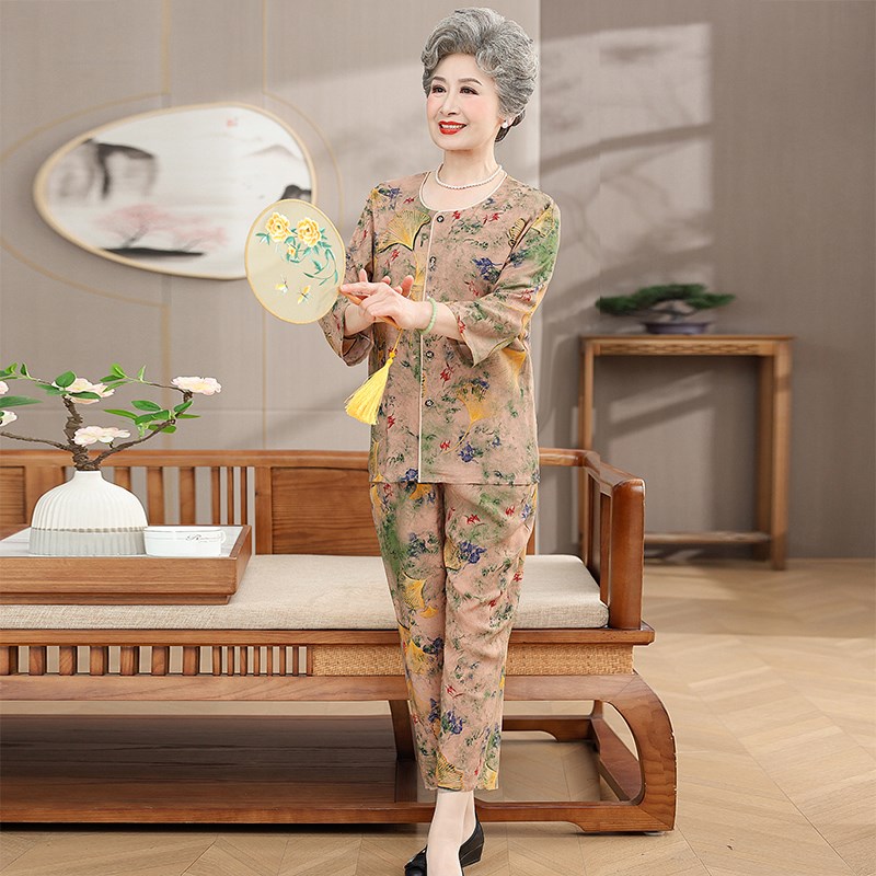 中老年人绵绸睡衣女夏季薄款妈妈开衫家居服老太太夏天套装新款薄