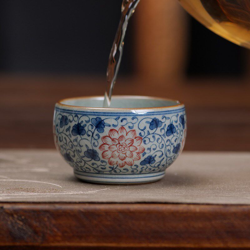 景德镇老陶泥主人杯手绘青花红缠枝莲茶杯釉下彩复古小单杯品茗杯