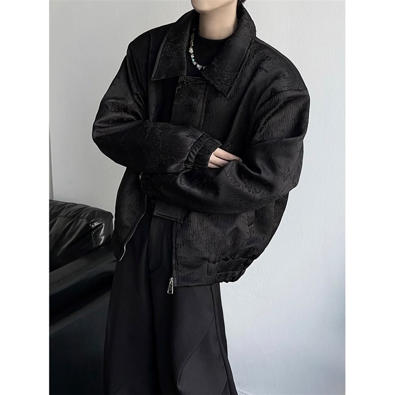 暗黑新中式宽肩短款翻领夹克2024春秋男女改良国风长袖上衣外套潮