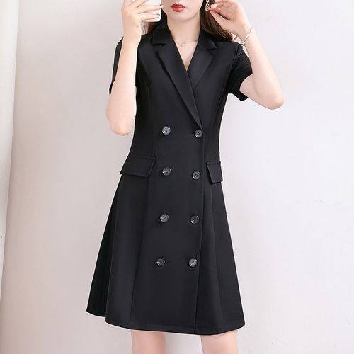 2024薄款短袖西装连衣裙女高级感显瘦大码胖mm职业收腰法式长裙子