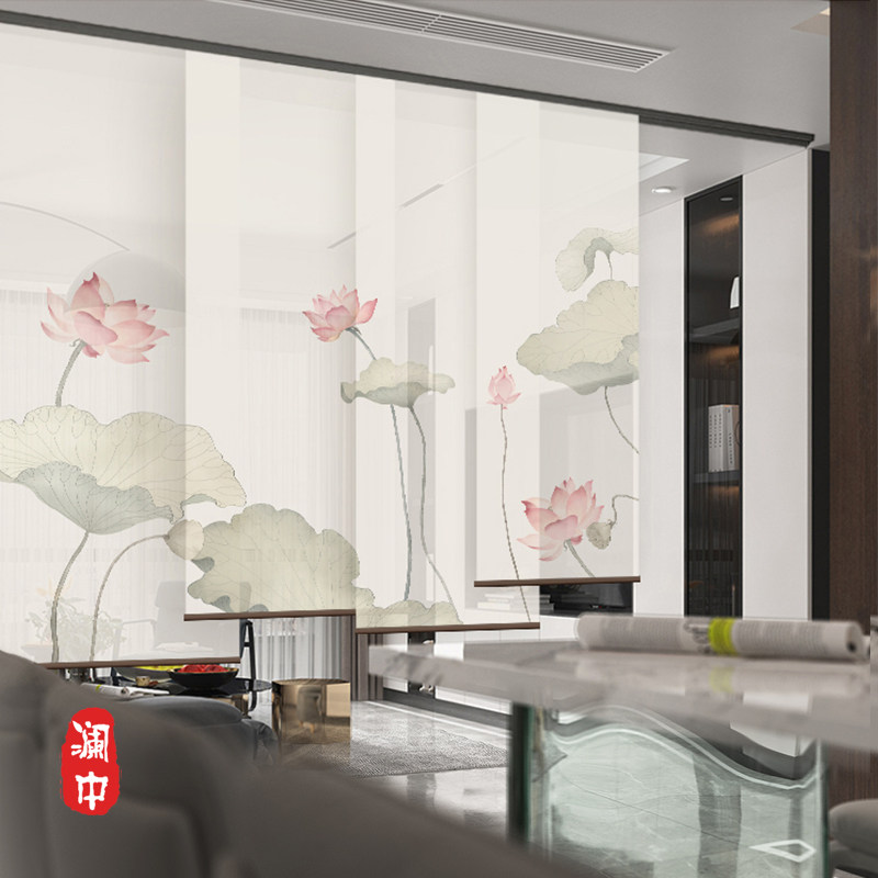 新中式透明卷帘窗帘客厅遮挡帘可移动屏风隔断帘推拉装饰帘子荷花