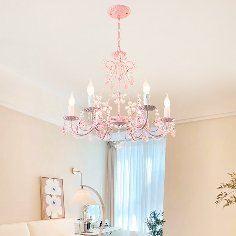儿童房卧室吊灯浪漫女孩公主房简约北欧卧室灯粉色水晶灯田园灯饰