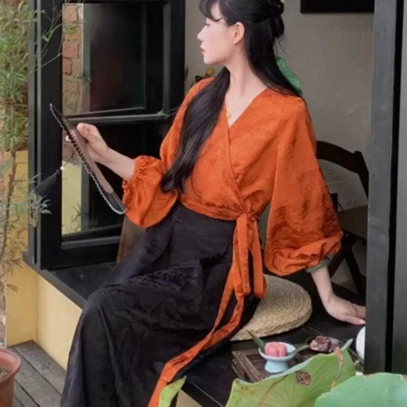 大码国风复古改良汉服衬衫上衣女秋季高级感新中式马面裙日常套装