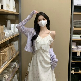 MM谢谢家大码女装新款茶歇法式显瘦雪纺碎花吊带连衣裙两件套宽松