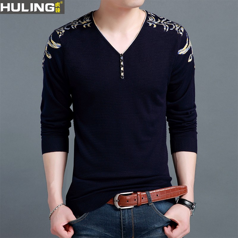 男装2021秋季新款V领针织衫男青年提花毛衣外穿大码薄款潮鸡心领