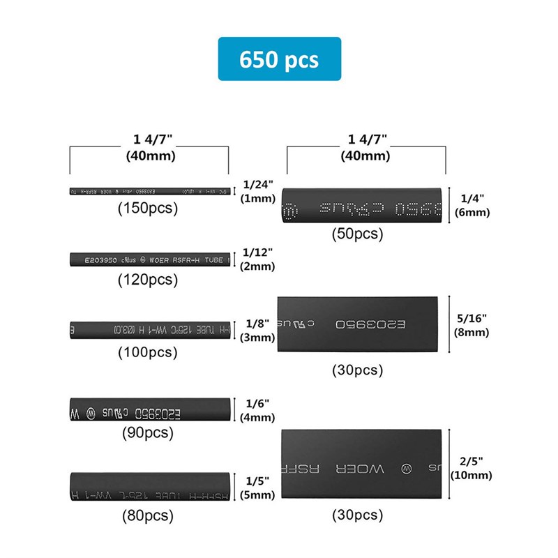 650pcs阻燃热缩套管电线保护套绝缘热缩管盒装黑色热缩管套装