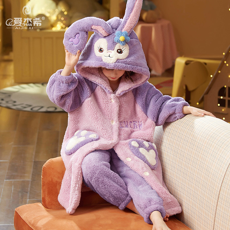 女童睡袍冬季加厚套装2024秋冬款加绒儿童珊瑚绒睡衣法兰绒家居服