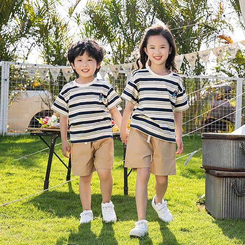亲子装夏装2023新款潮一家三口四口全家装纯棉宽松条纹短袖T恤