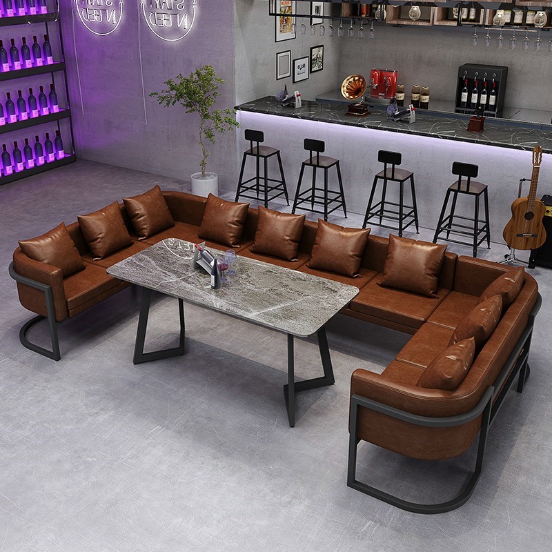 复古工业风铁艺沙发卡座休闲酒吧烧烤咖啡餐厅清吧岩板餐桌椅组合