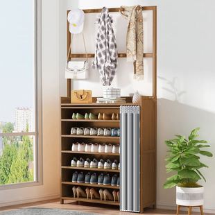 新款鞋柜衣帽架一体置物架储物柜鞋架家用楠竹实木防尘多层大容量
