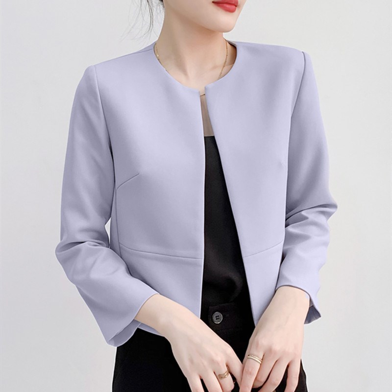 浅蓝色短款外套女长袖小个子垫肩小西服圆领春秋披肩外搭小西装女