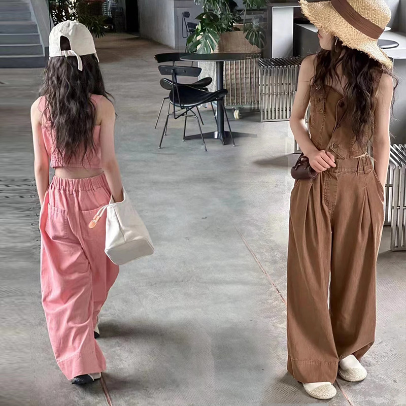 女童夏季吊带套装2023新款童装薄牛仔背心两件套洋气长裤防蚊裤子