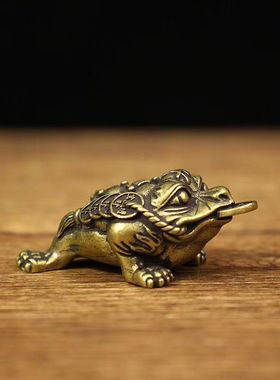 纯铜实心金蟾摆件财字三脚蟾黄铜蟾蜍钥匙挂饰家居店铺装饰工艺礼