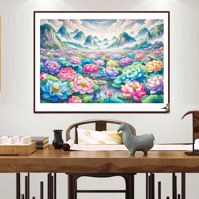 山水芙蓉十字绣2024新款线绣荷花客厅玄关手工刺绣简单自已绣满绣
