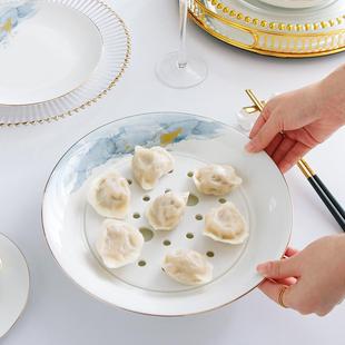 骨瓷饺子盘碟子家用10英寸圆形水果盘双层沥水盘餐具陶瓷水饺盘