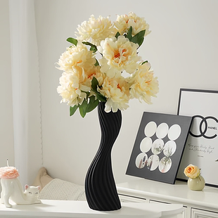 北欧风长款细高陶瓷花瓶黑色电视墙轻奢装饰花器格栅玄关柜摆件