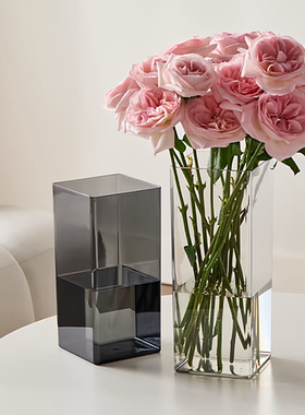 高级感亚克力花瓶灰色方形加厚花瓶透明水培花桶客厅插花防摔摆件