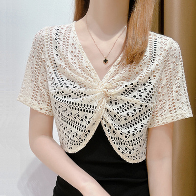 法式蕾丝小坎肩披肩夏季配裙子高级感冰丝短袖吊带连衣裙外搭罩衫