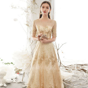 仙气晚礼服女2021新款 音乐独唱演出大合唱连衣裙 高贵气质金色长款