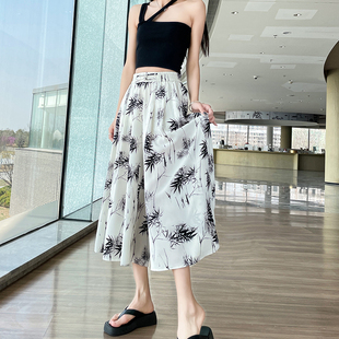 冰丝印花休闲裙裤女小个子夏季薄款高腰直筒显瘦国风七八分凉凉裤