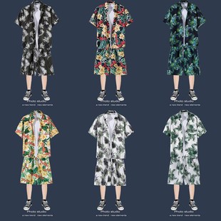 潮牌休闲运动夏威夷情侣海边短裤 男花衬衫 度假两件套 沙滩套装 夏季