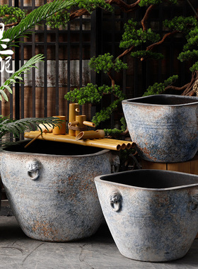 复古陶瓷仿古大缸大花盆鱼缸落地摆件庭院园林P粗陶手工流水水景