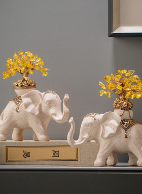 招财水晶发财树陶瓷对p象一对家居摆件新中式复古典风展示柜装饰