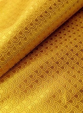 中国风传统复古金丝线提花金黄色凤尾图案凰鳞毛花云朵绸缎布料DI