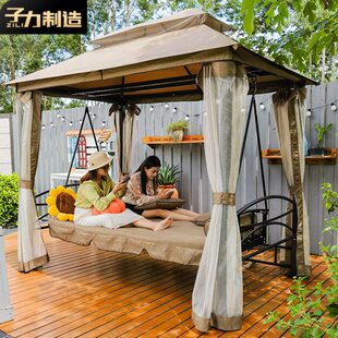 子力户外秋千躺床摇椅可坐可躺两用秋千椅庭院花园铁艺休闲吊椅床