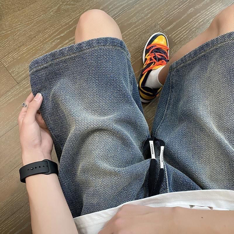 星空纹牛仔短裤男士夏季薄款美式高街潮牌宽松阔腿直筒中裤五分裤