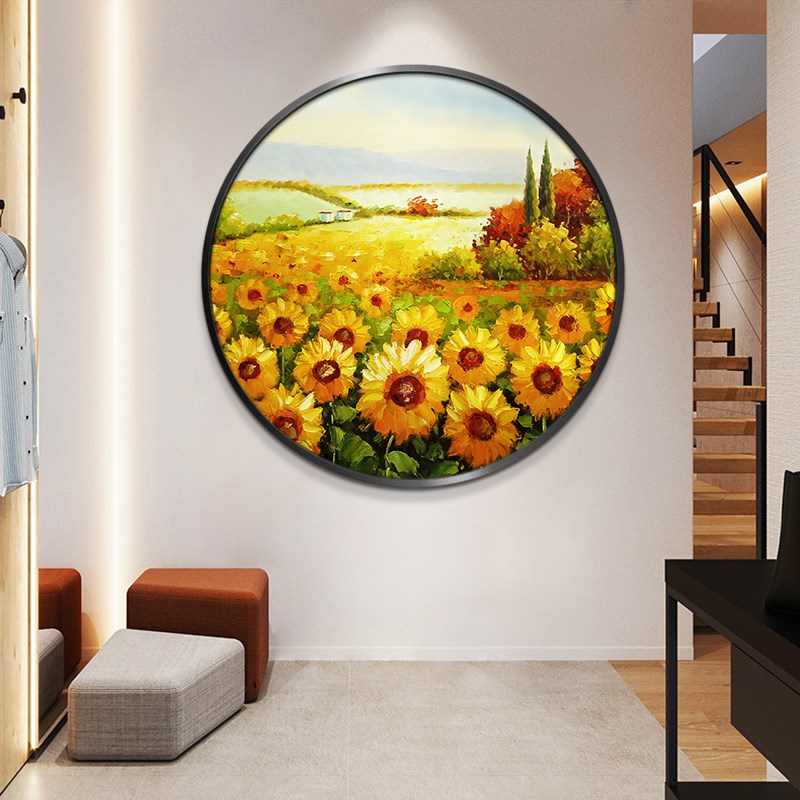 手绘油画向日葵风景现代客厅玄关餐厅装饰画圆形美式过道卧室挂画图片