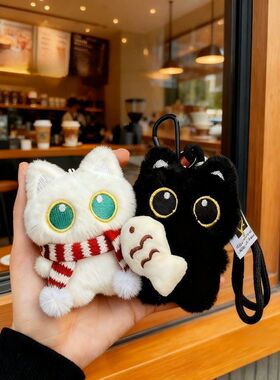 可爱呆萌抱小鱼大眼黑猫毛绒玩偶情侣包挂件创意苹果小黑猫钥匙扣