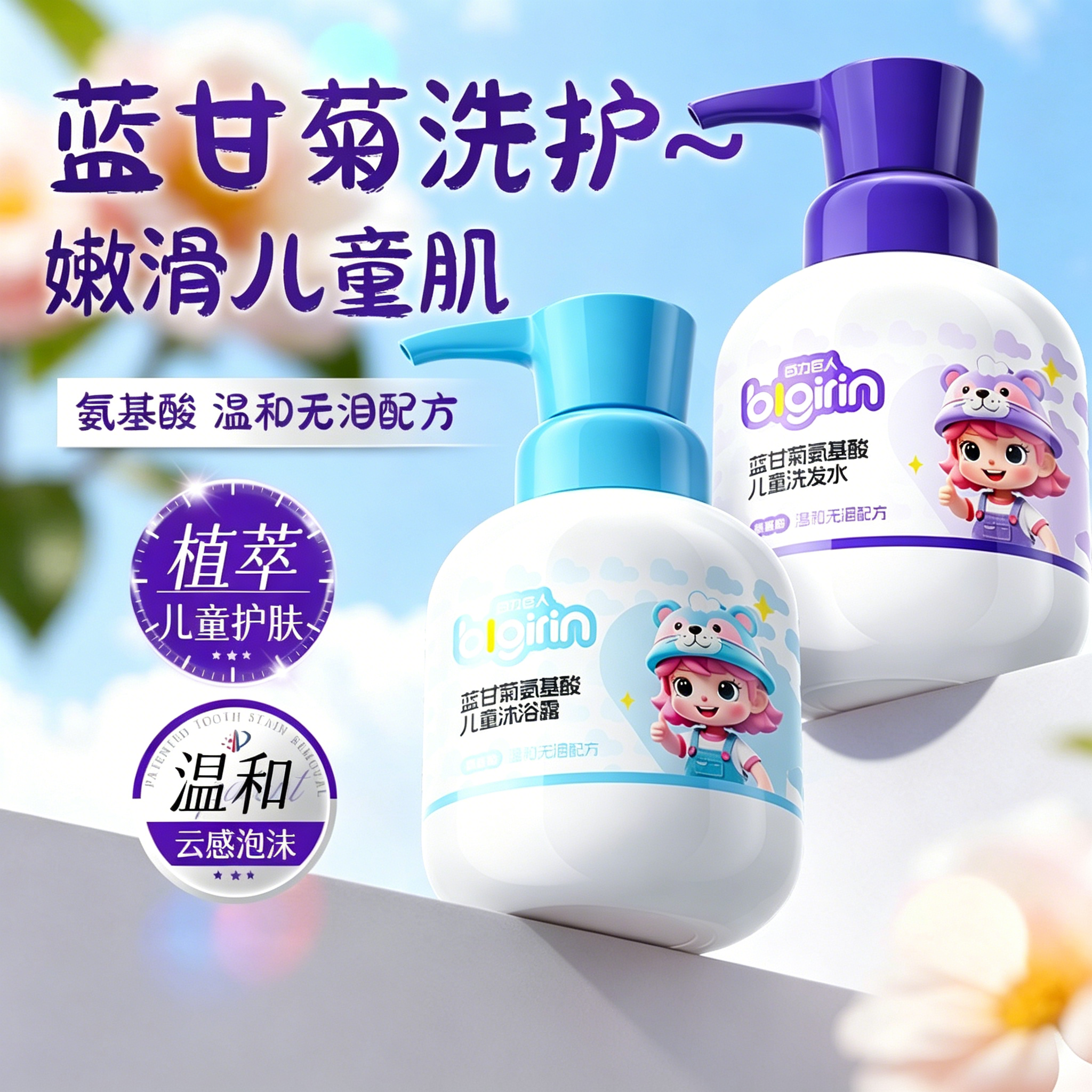 蓝甘菊氨基酸儿童护发洗发水沐浴露温和养护清洁舒缓润肤洗护套装