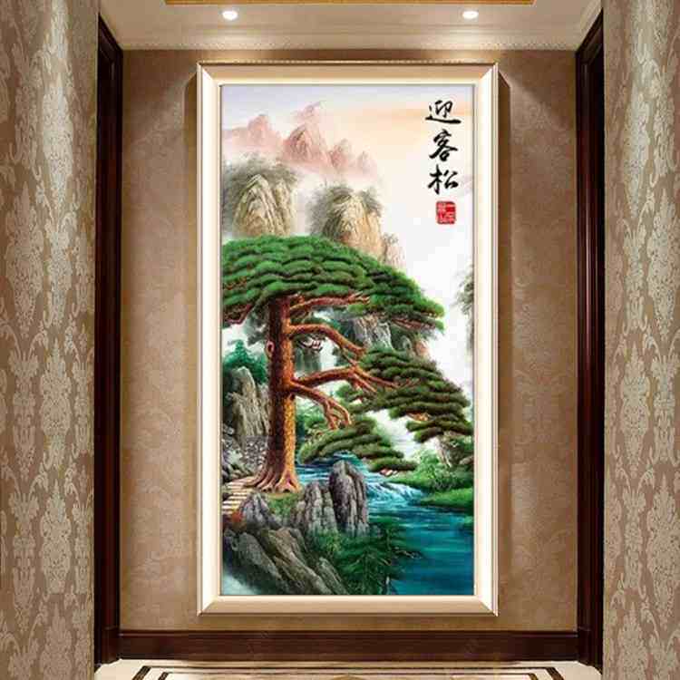 满钻钻石画十字绣迎客松新款竖版大幅客厅玄关风景山水画点钻石绣