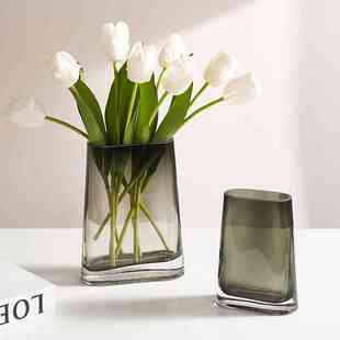 高级感扁形花瓶玻璃透明鲜花水养玫瑰郁金香餐桌摆件轻奢客厅插花