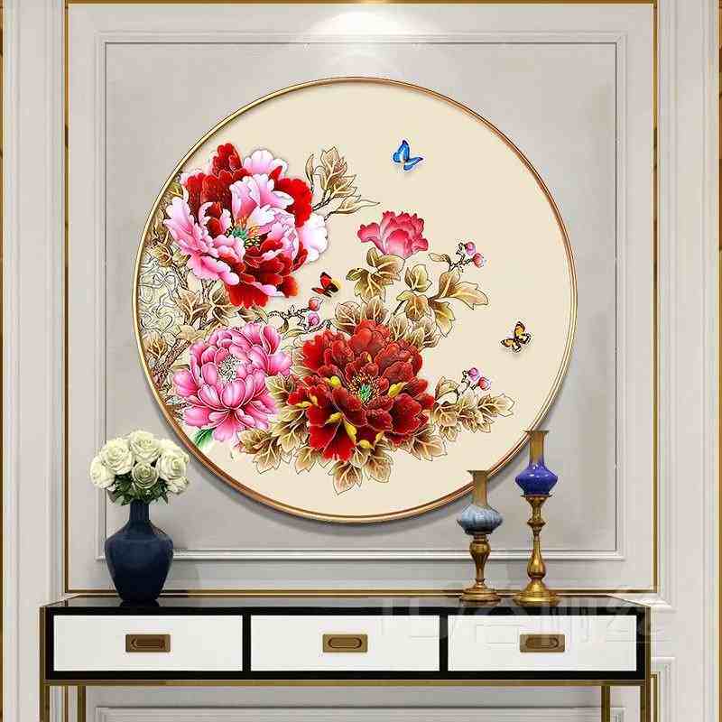 新款5D钻石画满钻玄关圆形现代中式花开富贵牡丹钻石砖石十字绣