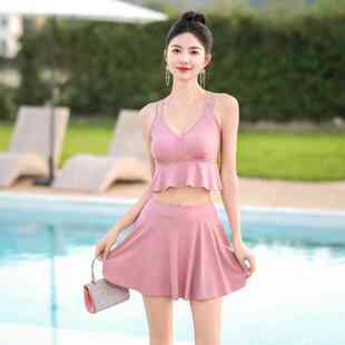 泳衣女泡温泉夏天分体裙式平角裤微胖女士大码高级感三件套带罩衫