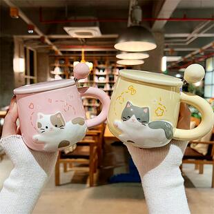 卡通猫咪陶瓷杯子可爱少女心马克杯带盖勺子家用喝水杯早餐杯 韩版