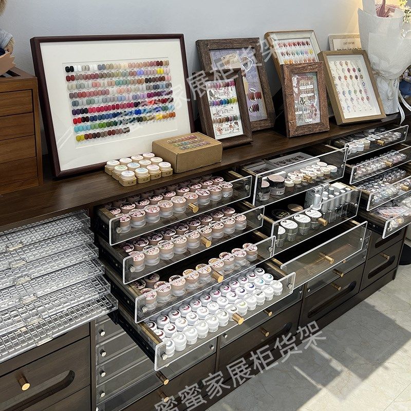 实木中古风胡桃色美甲柜台展示柜指甲油收纳柜甲油胶美甲店储物柜