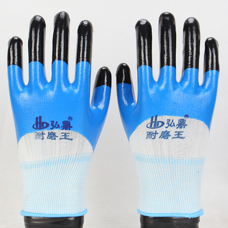 弘鼎耐磨王丁腈半挂加强指劳保耐油耐戴防滑工地机械防护胶皮手套