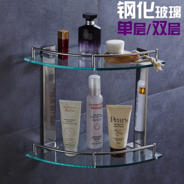 单层双层卫生间不锈钢钢化玻璃三角架浴室扇形架置物架厕所转角架