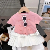 女童童装 T恤儿童上衣纯棉T恤 宝宝短袖 2025洋气甜美蝴蝶结夏季 新款